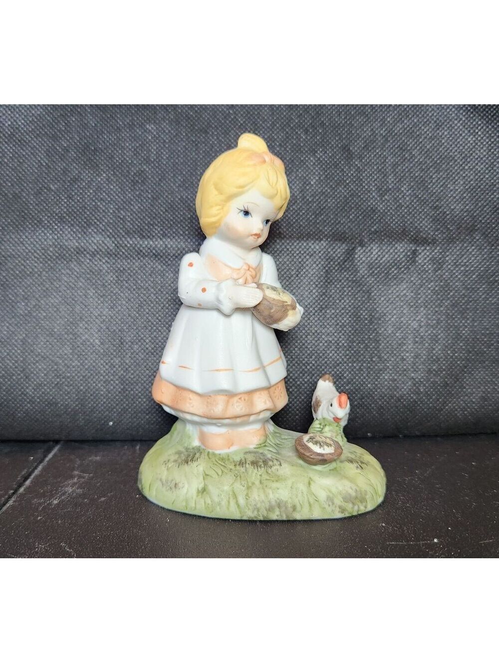 Porcelain Figurine Girl Feeding Chicken White Peach Dress Blonde Bun Farm Hen